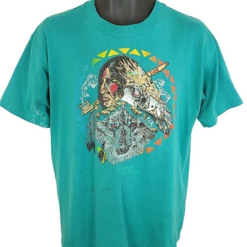 Native American Art T Shirt Vintage 80s Albuquerque Buffalo Wolf Made In USA Men